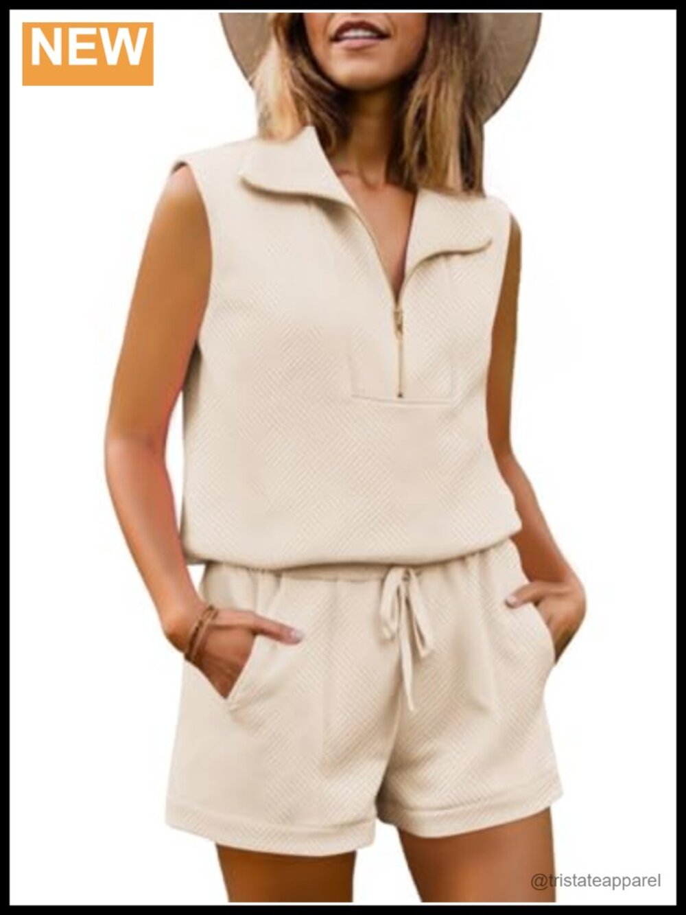 Tankaneo Womens 2 Piece Short Set Sleeveless Half Zip Pullover & Drawstring